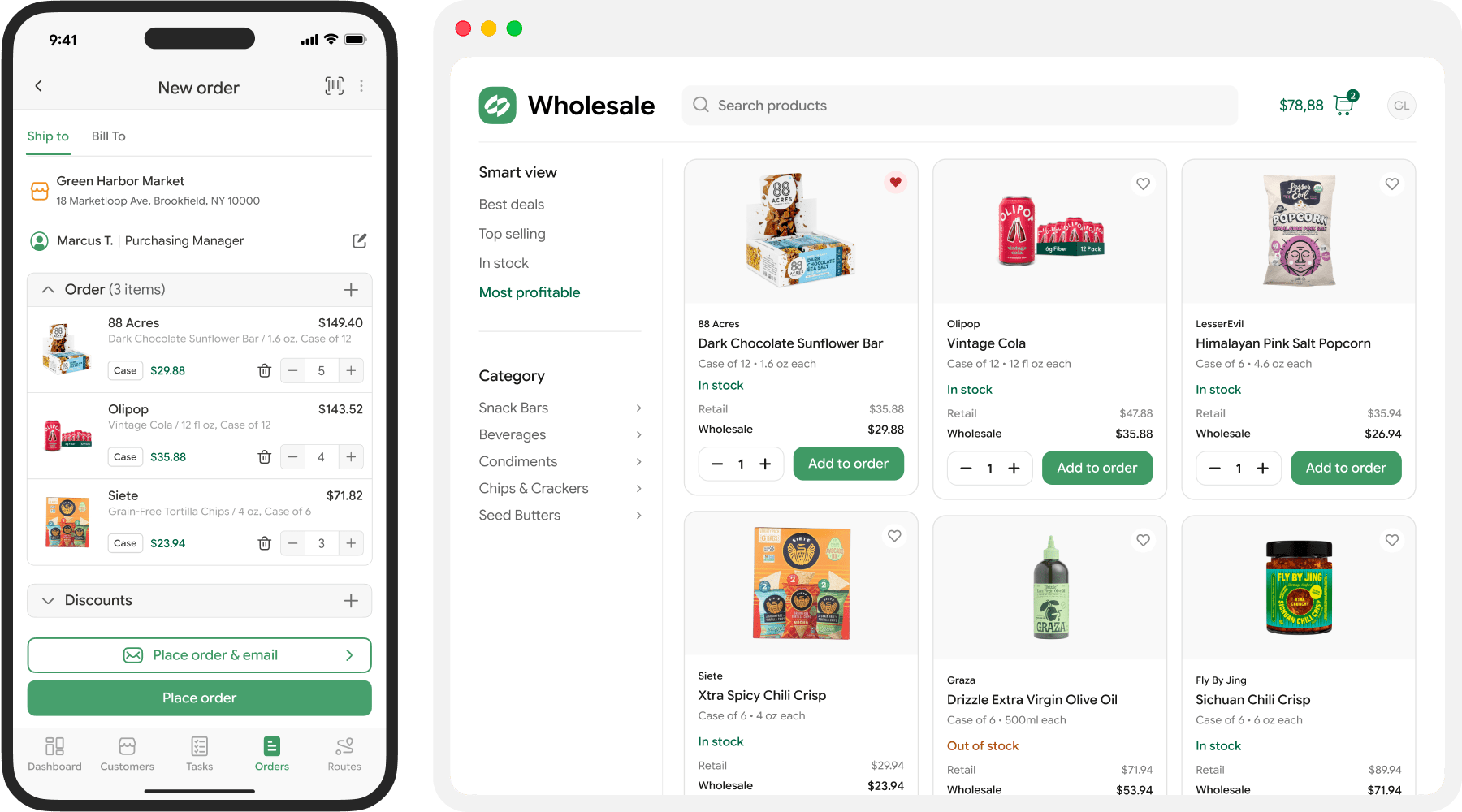 A smartphone screen displays a detailed grocery order summary, while next to it, a tablet shows a wholesale website featuring various snacks and beverages with visible prices and clear "add to order" buttons.