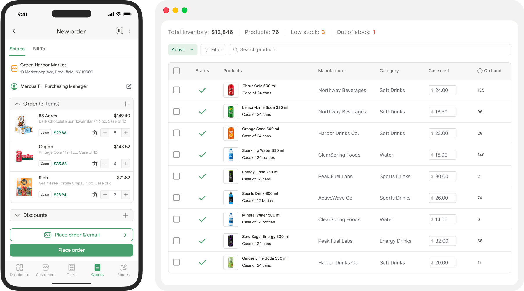 A mobile ordering app displays a cart filled with selected drinks and a prominently highlighted checkout button, while beside it, a desktop inventory dashboard showcases drink products along with their names, categories, and current stock status. Both interfaces feature a sleek, modern design for an intuitive user experience.