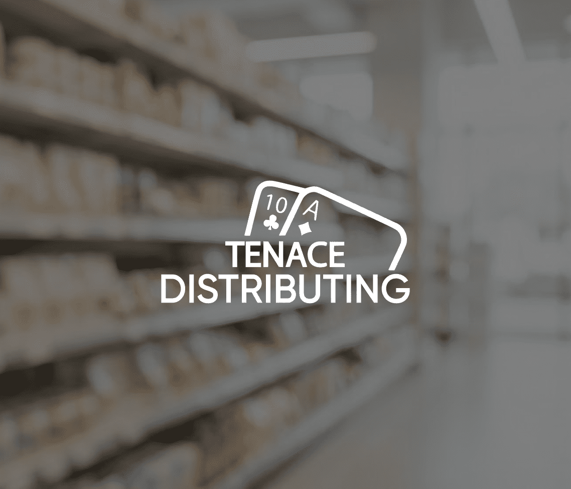 A fully stocked supermarket aisle with blurred shelves, featuring the Tenace Distributing logo and two playing cards (10, Ace of clubs).