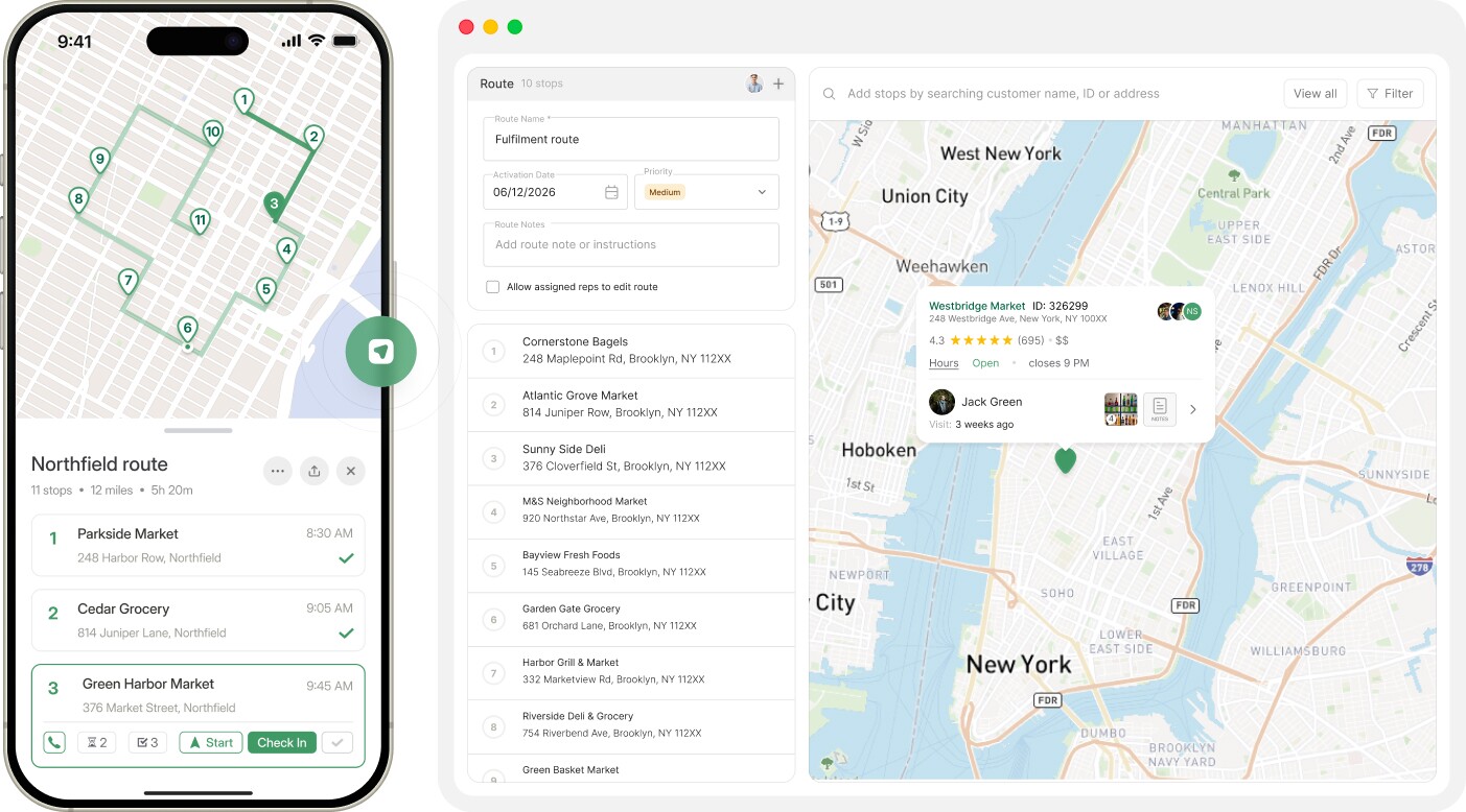 Delivery route map on smartphone and computer, NJ and NY stops.