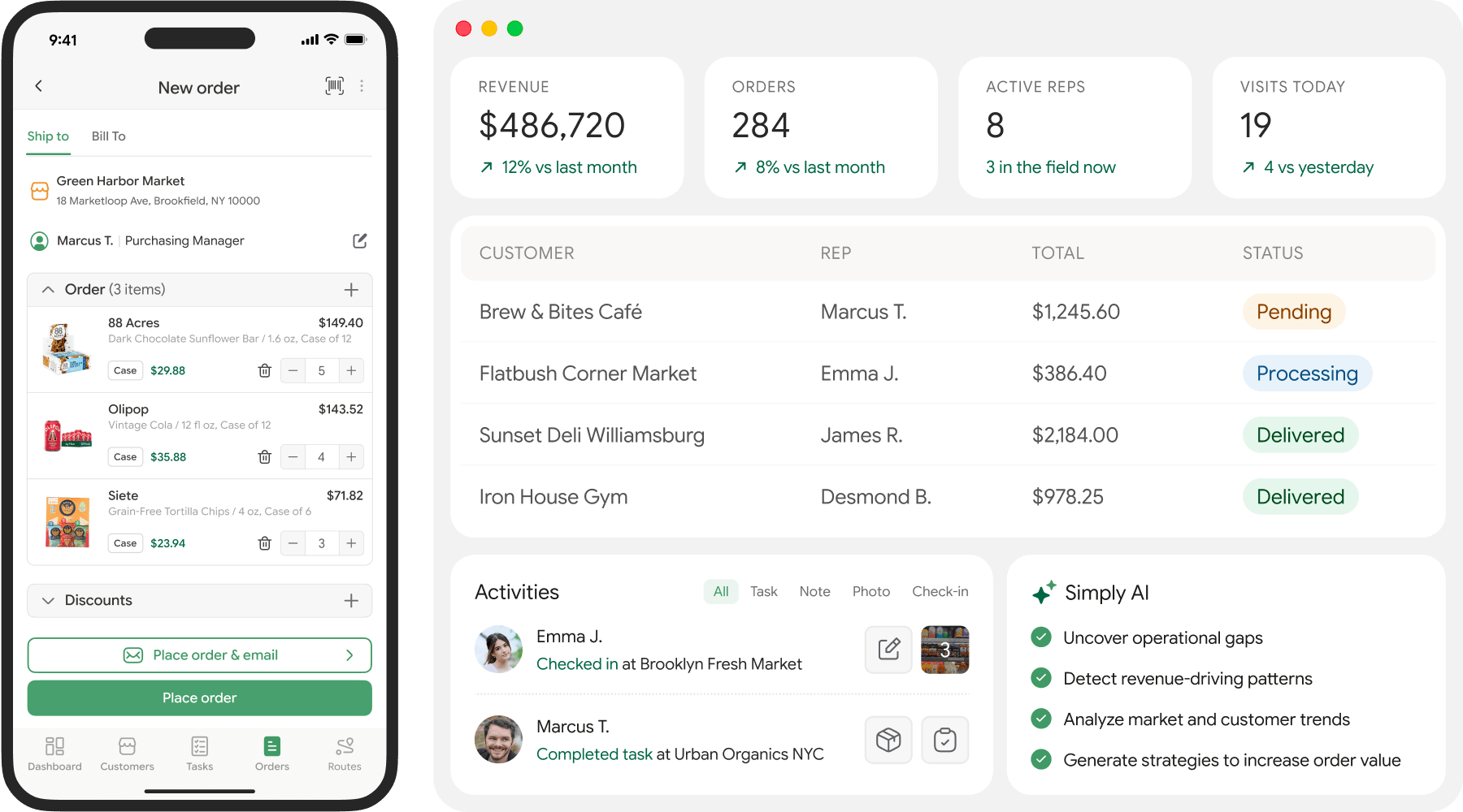 A responsive dashboard displayed on both mobile and desktop screens features detailed order information, revenue statistics, customer data, recent activities, and progress toward goals. The interface highlights visible order details and activity check-ins, with clear green, yellow, and red status indicators visually tracking the progress of orders and goals.