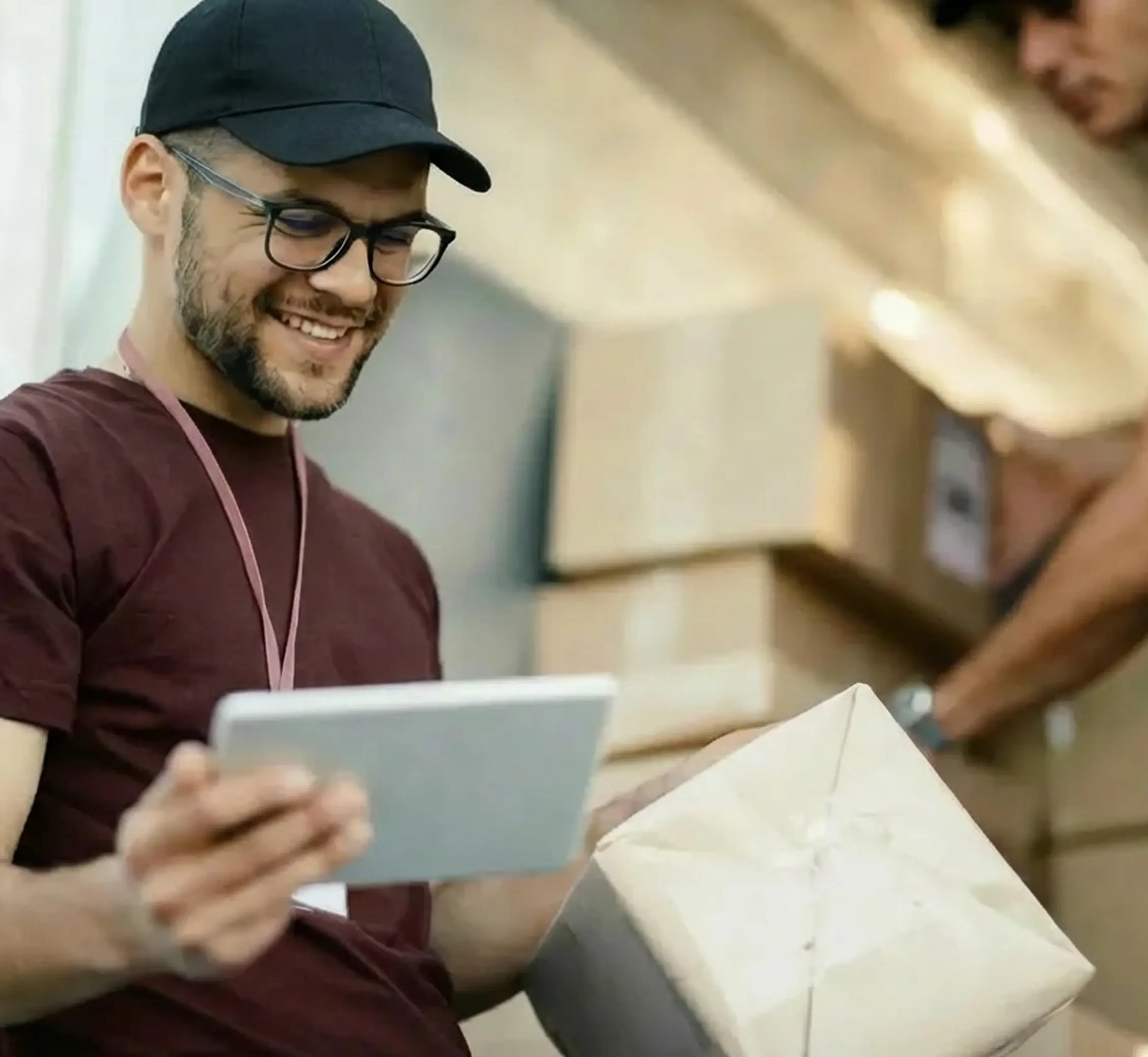 Smiling man in glasses, black cap, and maroon shirt holds a tablet with Field Sales Software and a package in a busy warehouse.