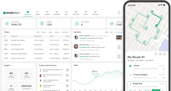 SimplyDepo blog displays a dashboard with sales, customers, orders, product stats, activities, and a mobile app showing delivery routes.