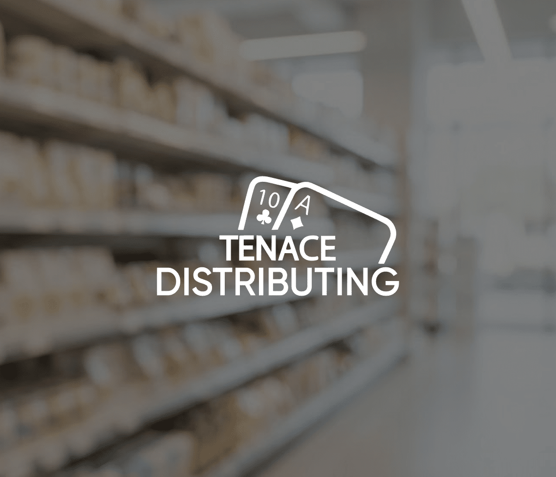 A fully stocked supermarket aisle with blurred shelves, featuring the Tenace Distributing logo and two playing cards (10, Ace of clubs).