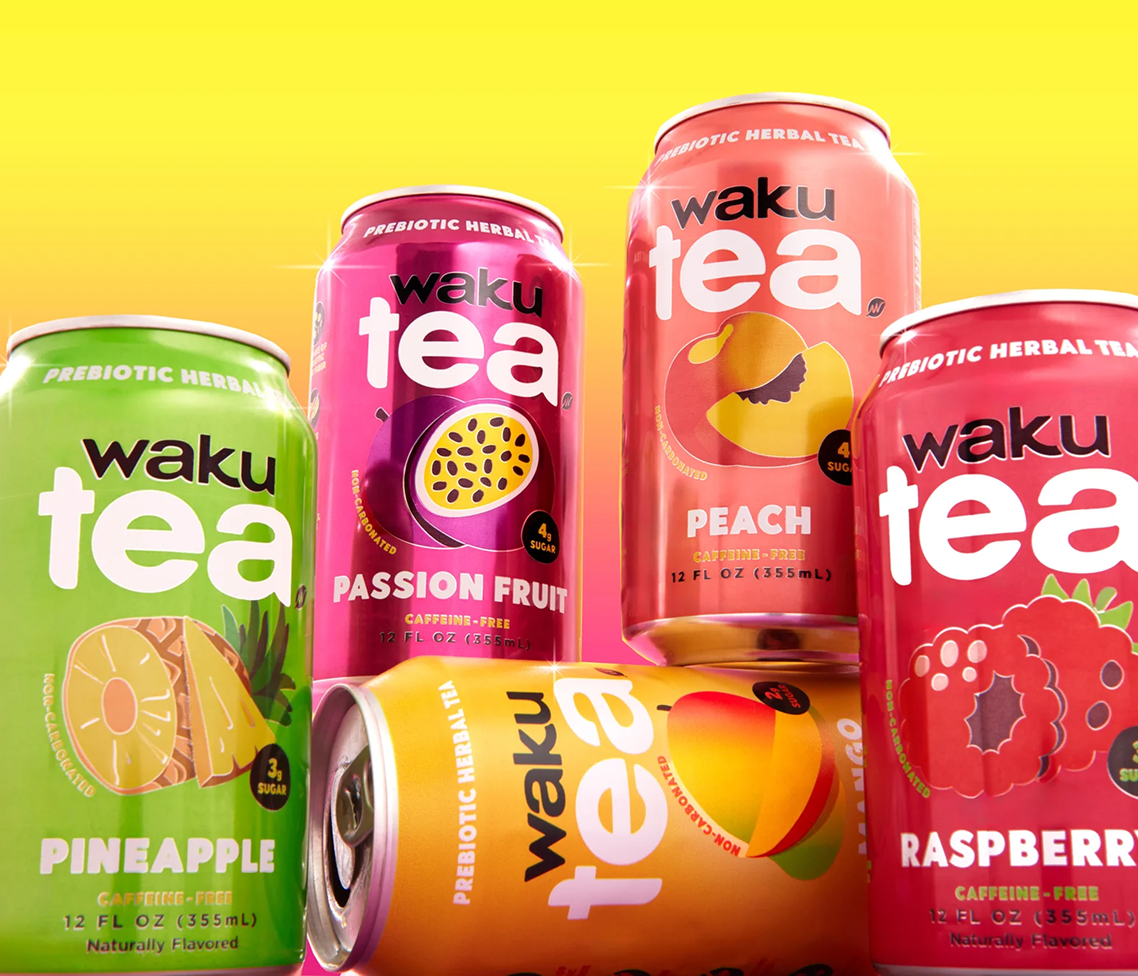 A lineup of Waku prebiotic herbal tea cans in pineapple, passion fruit, peach, raspberry, and lemon flavors on a yellow gradient backdrop.