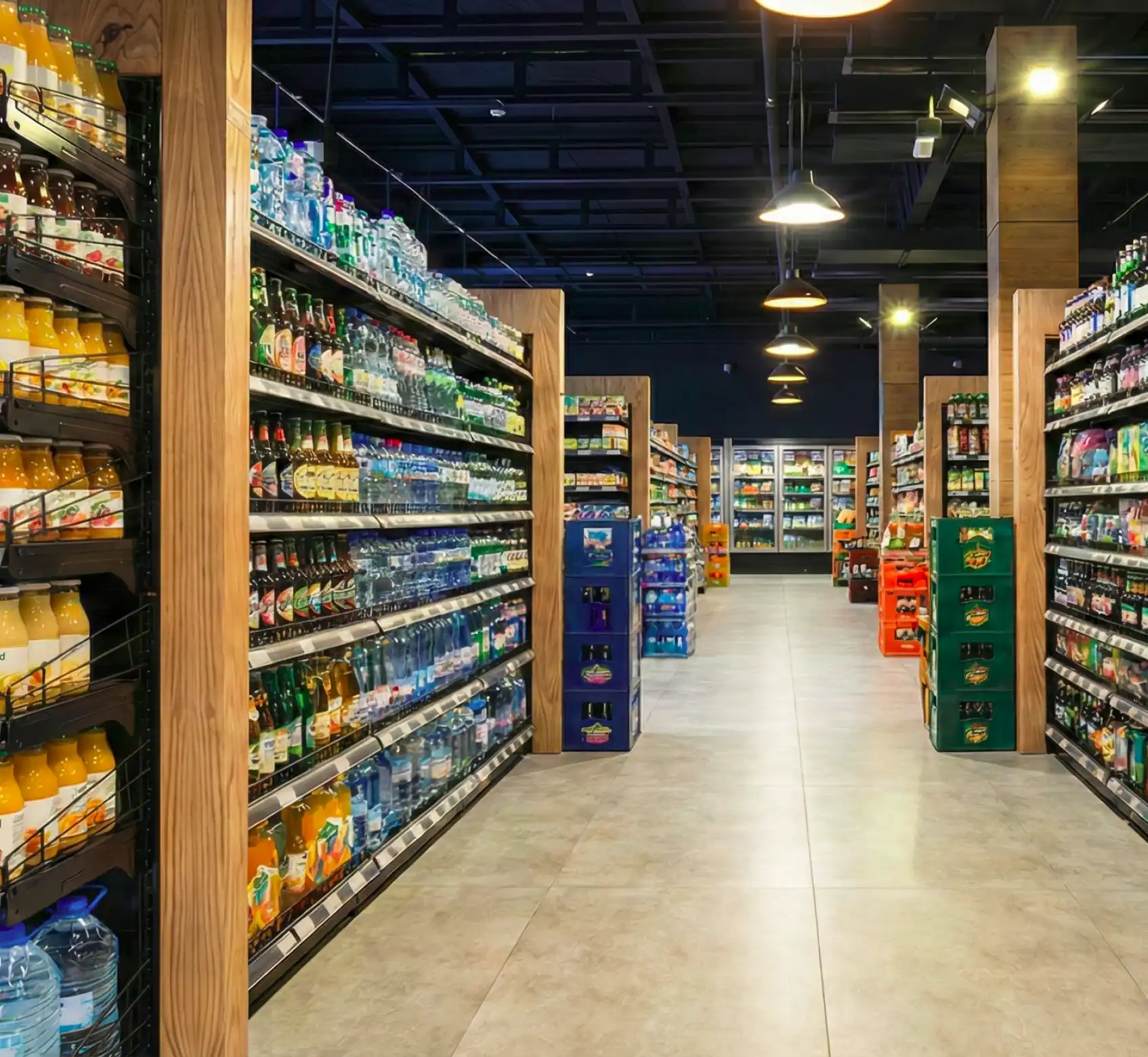 A clean, well-lit supermarket aisle with neatly organized drinks—from water to soda—highlights effective retail execution software.