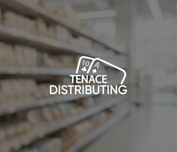 A fully stocked supermarket aisle with blurred shelves, featuring the Tenace Distributing logo and two playing cards (10, Ace of clubs).