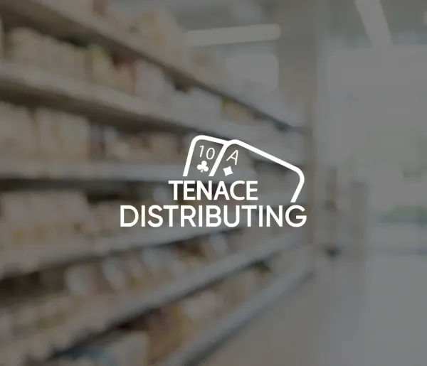 A fully stocked supermarket aisle with blurred shelves, featuring the Tenace Distributing logo and two playing cards (10, Ace of clubs).