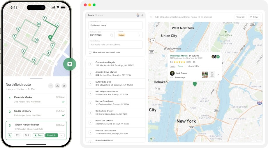 Delivery route map on smartphone and computer, NJ and NY stops.