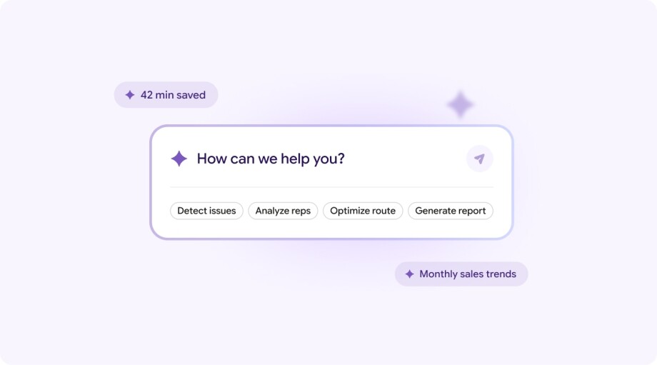Search bar with task options, sales trends, 42 min saved.