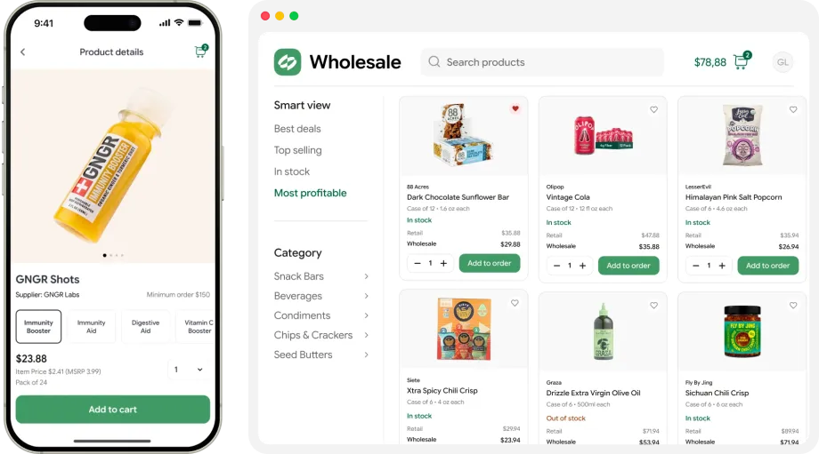 Mobile product details beside a desktop wholesale product catalog.