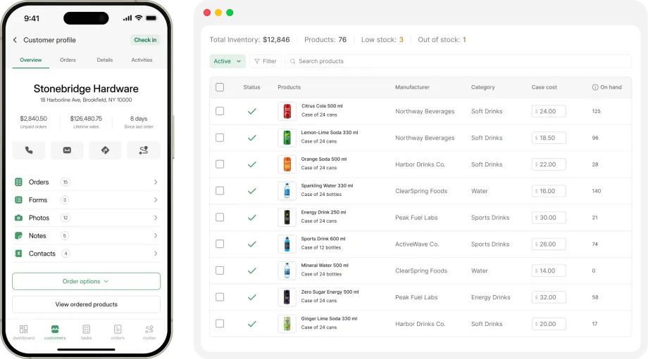 SimplyDepo mobile customer profile beside a desktop inventory table.