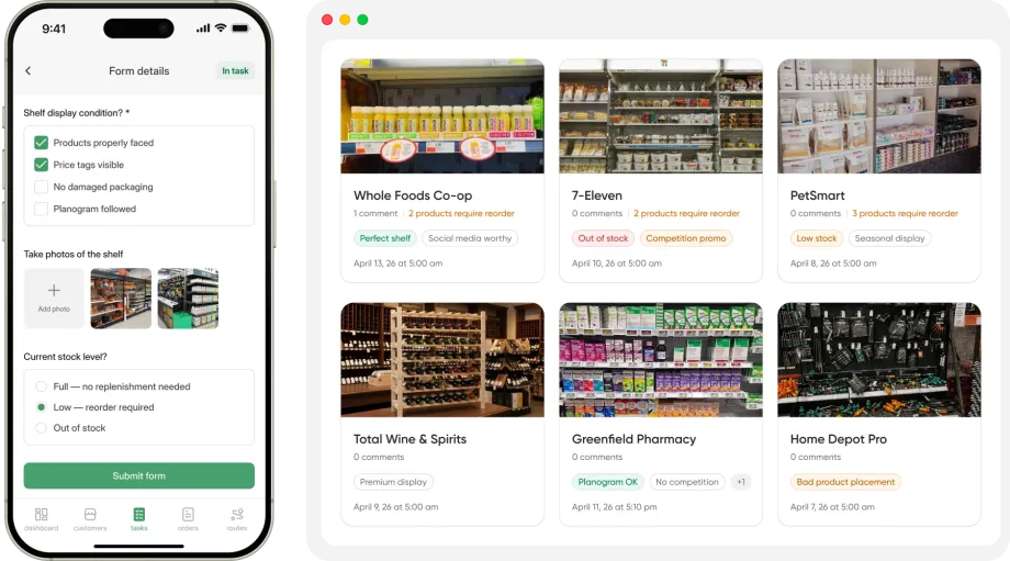 Mobile merchandising form beside a desktop gallery of retail shelf photos.