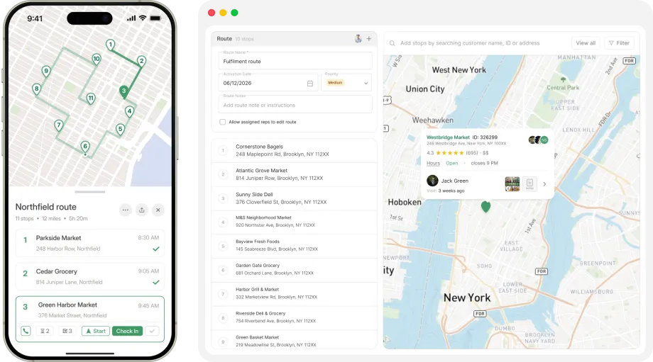 Mobile route map beside desktop route details and a New York map.
