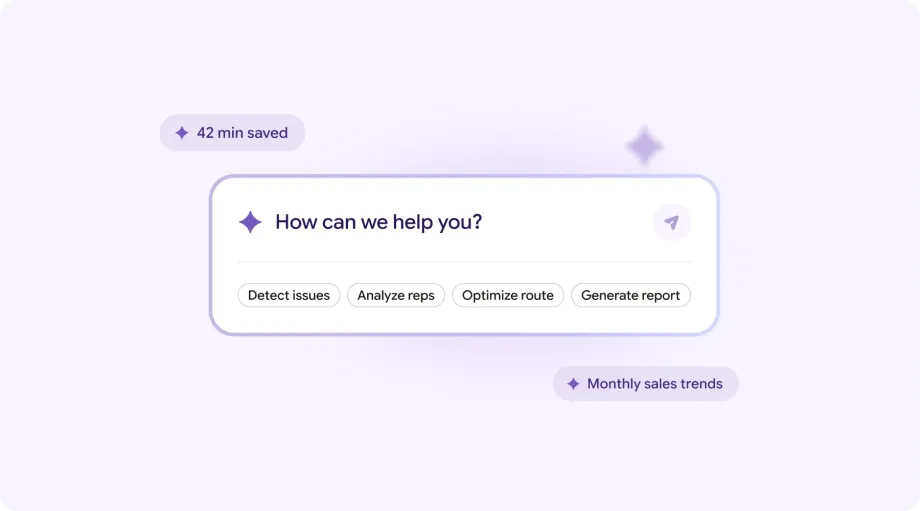 Simply AI Assistant prompt with suggested actions to detect issues, analyze reps, optimize routes and generate reports.