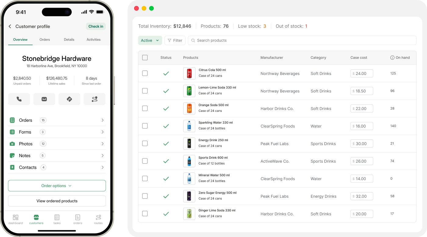 Inventory software on smartphone and desktop screens.