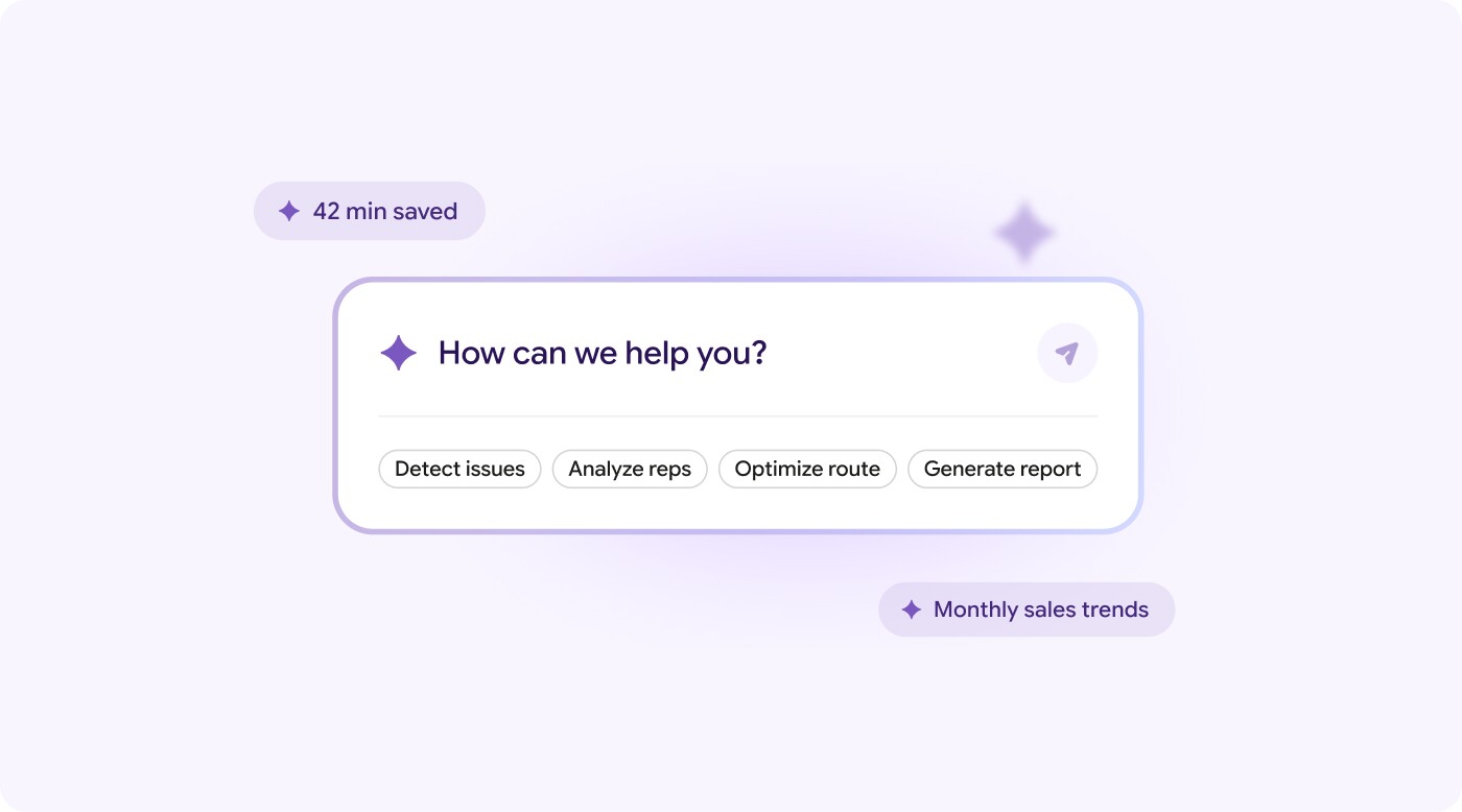 Search bar with task options, sales trends, 42 min saved.